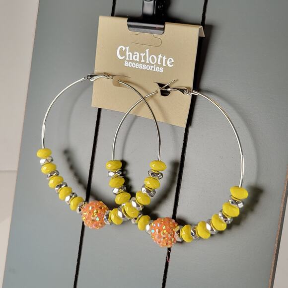 Large Yellow Beaded Hoop Earring 3" Silver Tone Rhinestone Accent Pierced Trendy - Picture 3 of 7